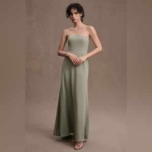 BHLDN Everly Strapless Crepe Gown Dress in Sage Green